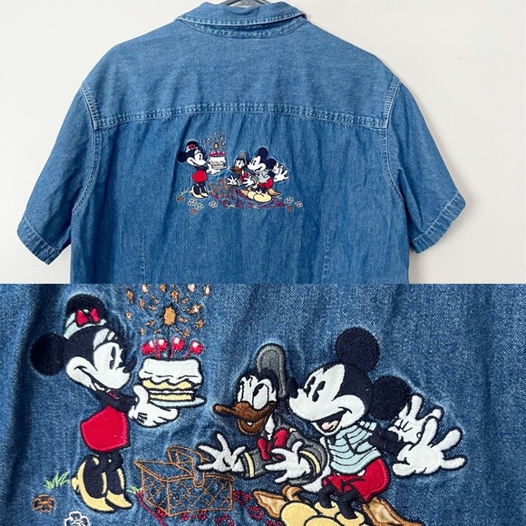 Disney Tops - Vintage Disney Cotton Denim Button Shirt XXL Mickey Minnie Donald Embroidered